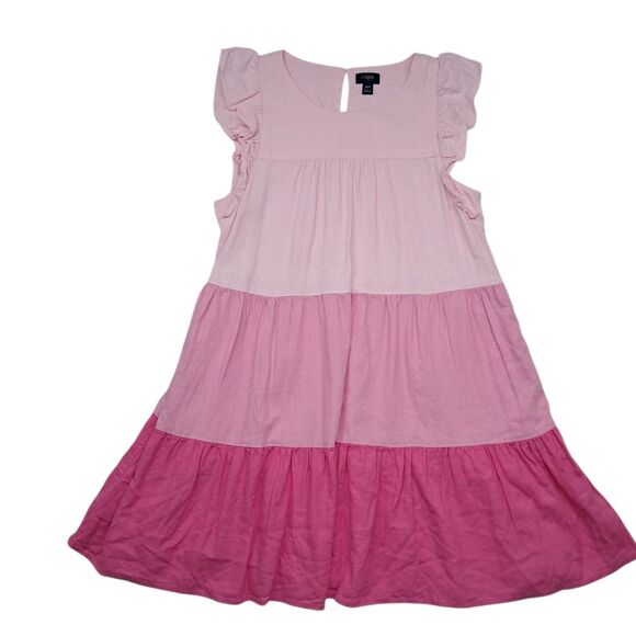 J. Crew Factory Dress Womens 6 Petite Pink Mini Linen Blend Ruffle Sleeve Tiered - Picture 1 of 11